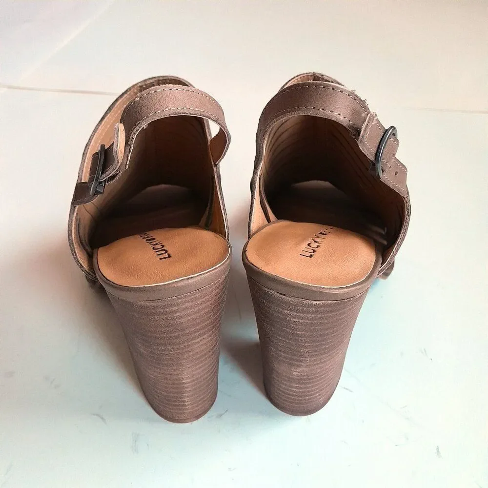 Lucky Brand Lialor Tan Leather Sandals Peep Toe Chunky Heels Women's Size 10M